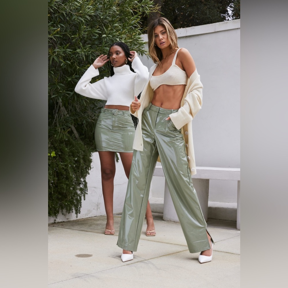 NEW Camila Coelho Revolve Cyrus Faux Patent Leather Pants Sage Green XS NWT